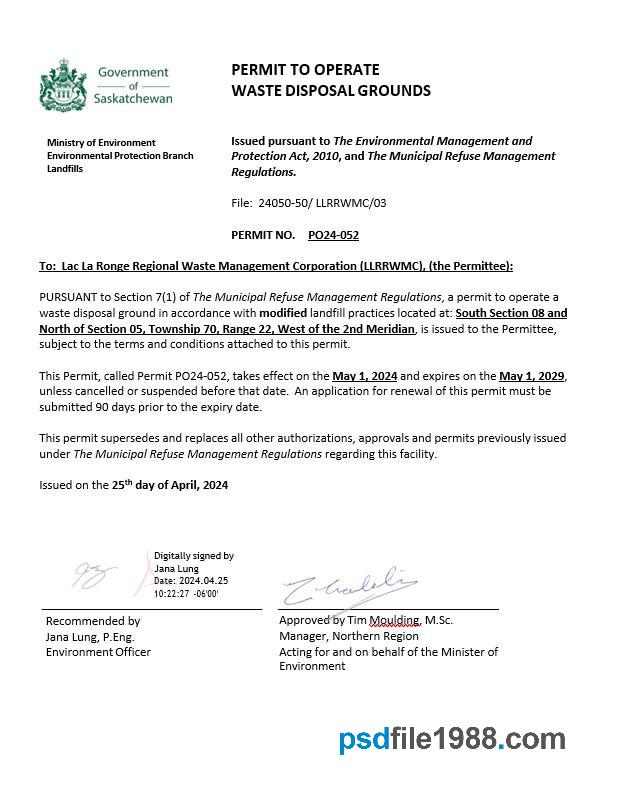 Canada Saskatchewan Permit to Operate Waste Disposal Grounds